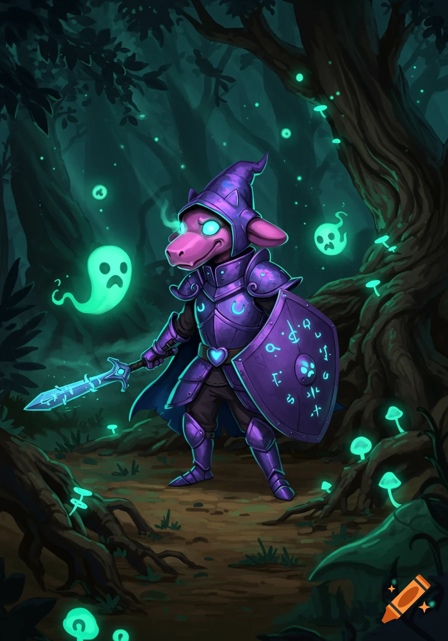 A pink pig-like creature in purple armor holds a glowing sword and shield in a dark, glowing forest with ghosts and mushrooms, stylized art.