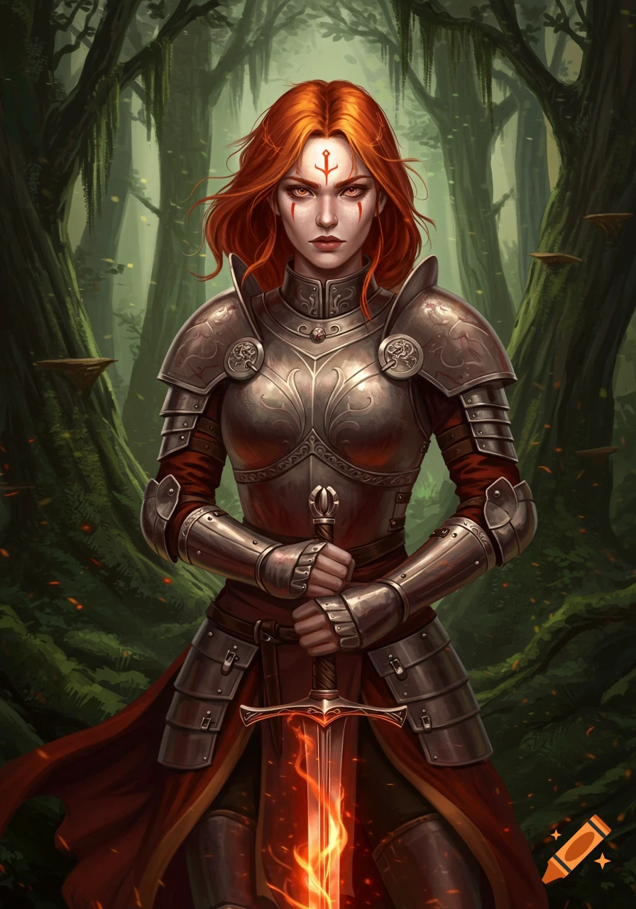 A ginger-haired woman warrior in medieval armor holds a glowing sword in a dark forest, digital art.