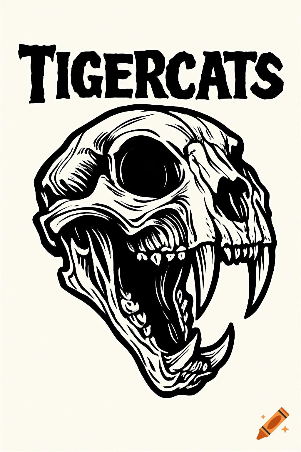 A black and white illustration of a stylized tiger skull with its mouth open, with the word TIGERCATS in a bold font above it.
