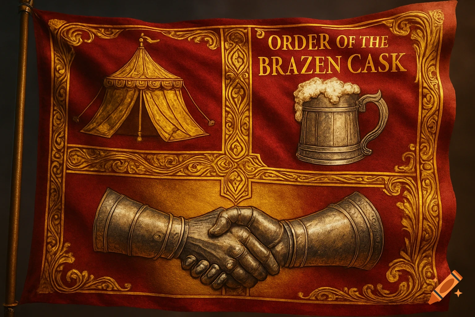 A medieval red and gold flag featuring a tent, a beer mug, and gauntlets shaking hands, with 'ORDER OF THE BRAZEN CASK' text.