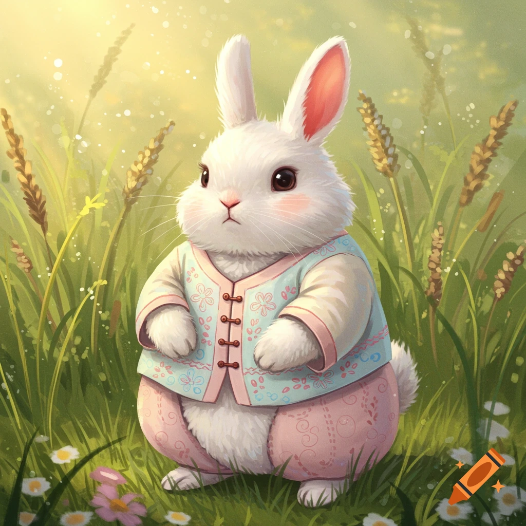 A cute white bunny wearing a light blue and pink traditional outfit stands in a field of tall green grass and flowers.