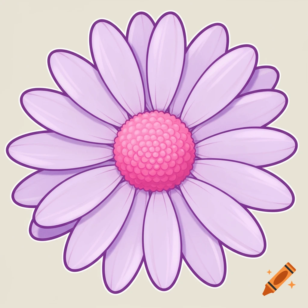 A stylized daisy with light purple petals and a vibrant pink center, outlined in dark purple against a light background.