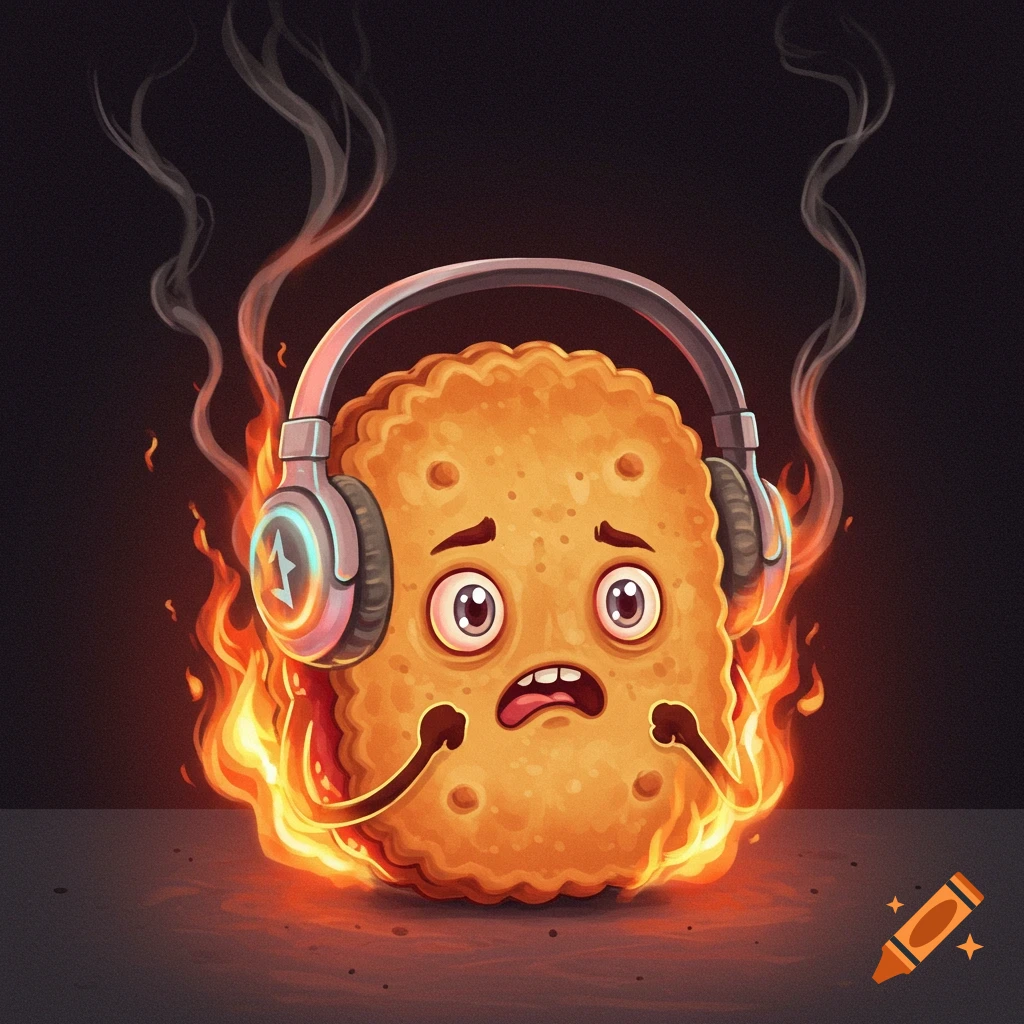 A cartoon biscuit wearing headphones is on fire, looking scared, with smoke rising on a dark background.