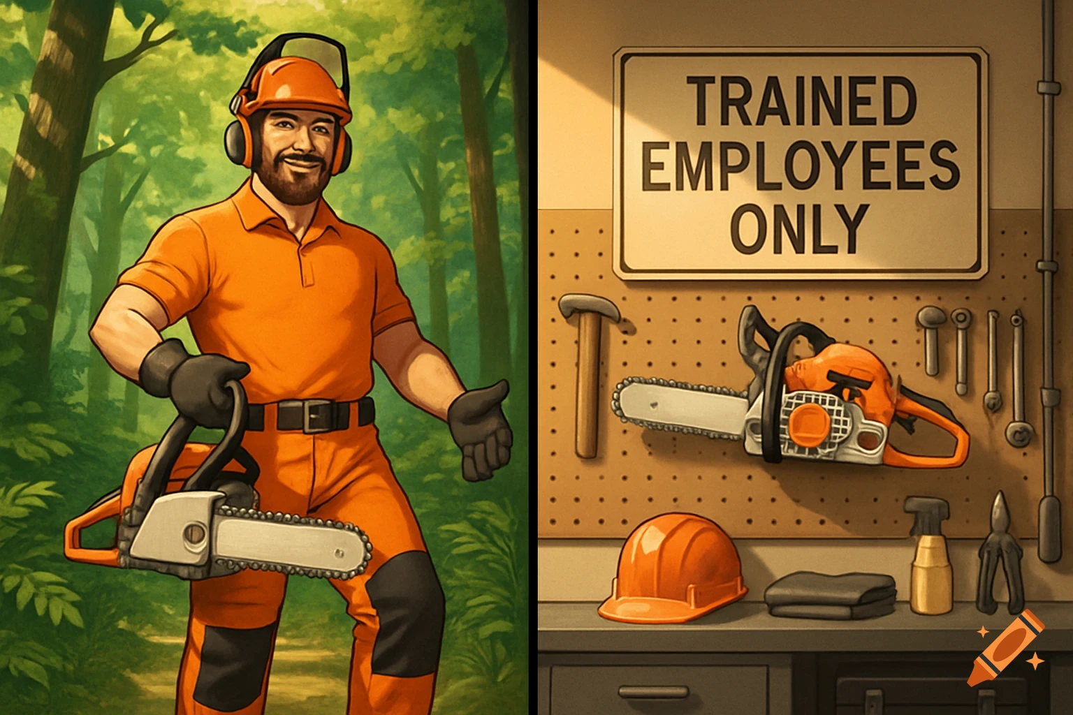 A split image showing a lumberjack with a chainsaw in a forest on the left, and a chainsaw and tools hanging in a garage on the right.