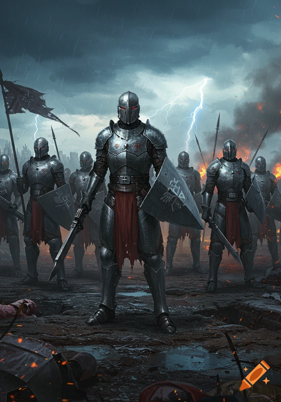 Armored knights stand on a battleground in rain and lightning, with burning structures and fallen soldiers.