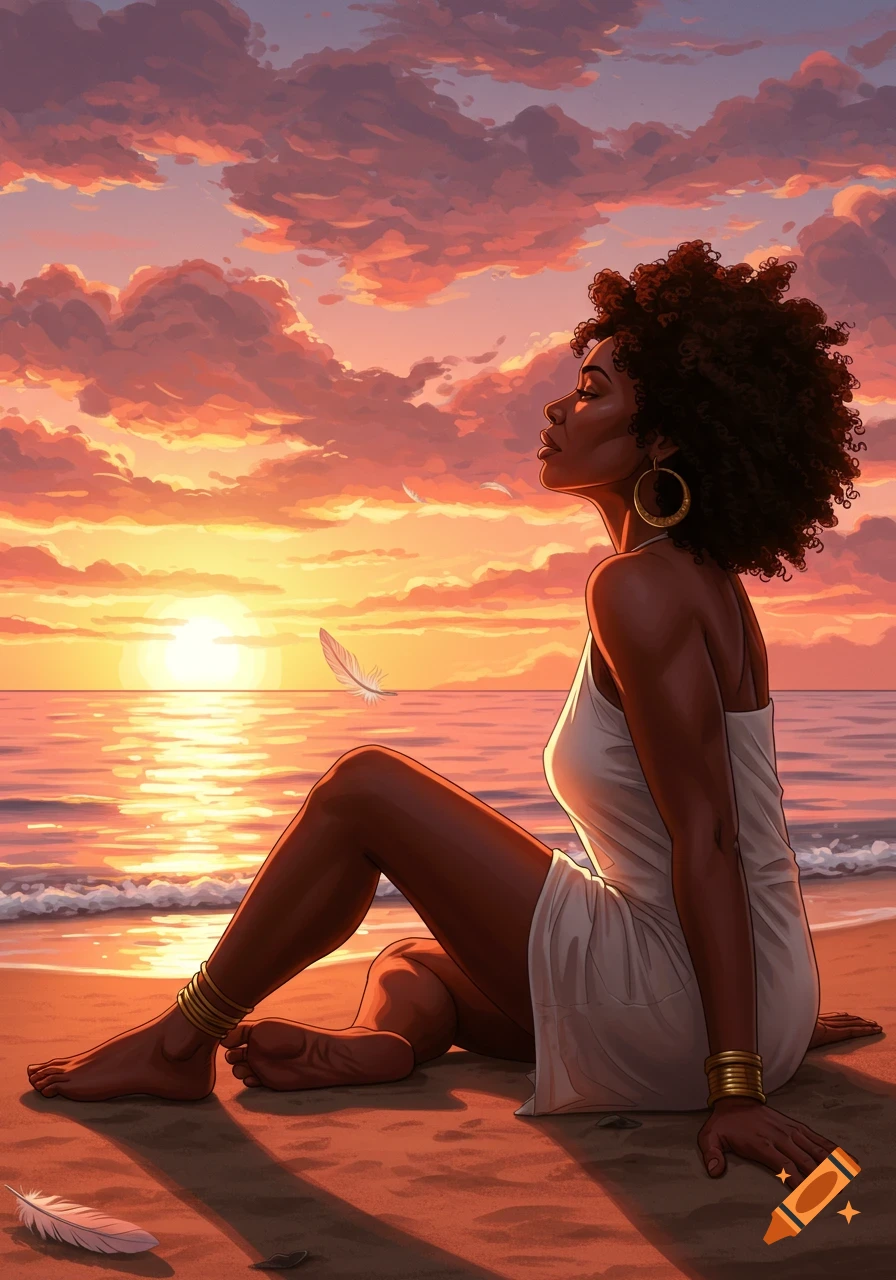 A woman with natural hair sits on a beach, looking up at a vibrant sunset over the ocean.
