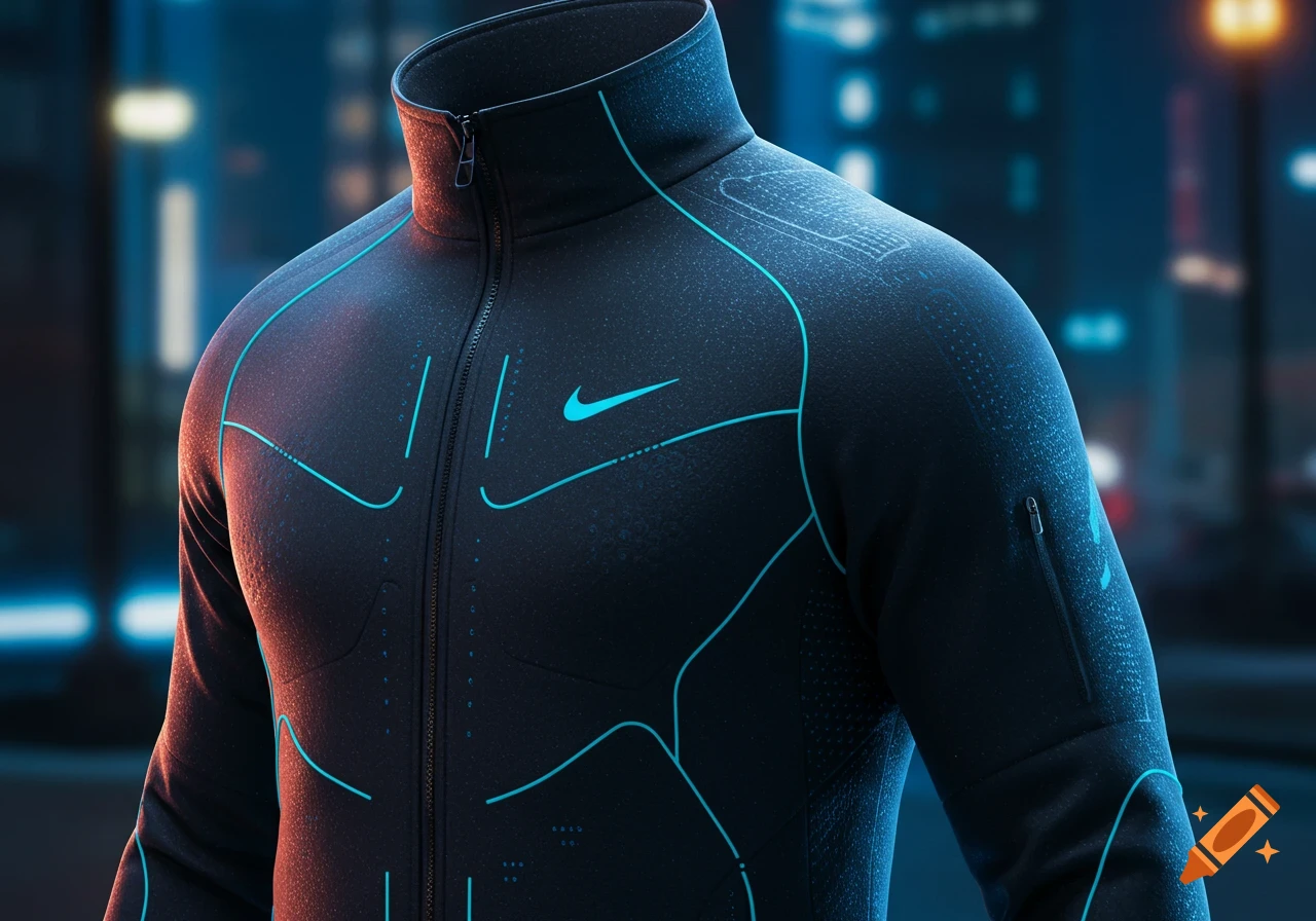 Close-up of a black Nike tech jacket with glowing blue lines and a textured surface, set against a blurred urban background.