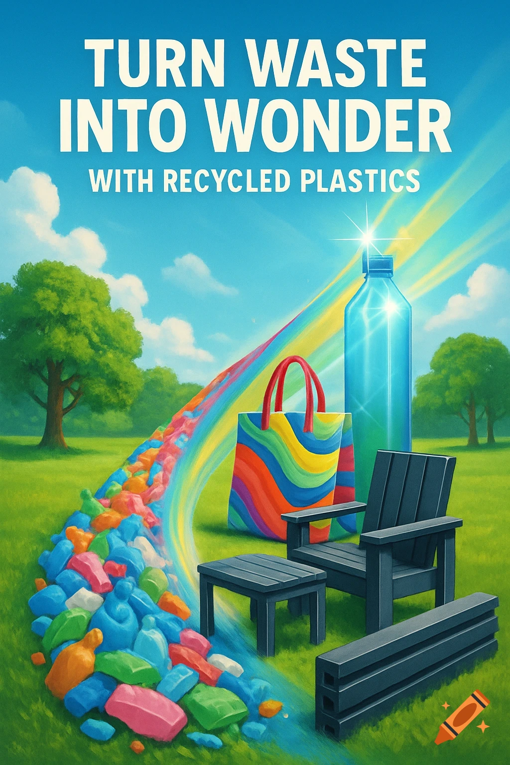 A vibrant eco-friendly advertisement showing plastic waste transforming into new products in a green landscape under a blue sky, with the text 'Turn Waste Into Wonder With Recycled Plastics'.
