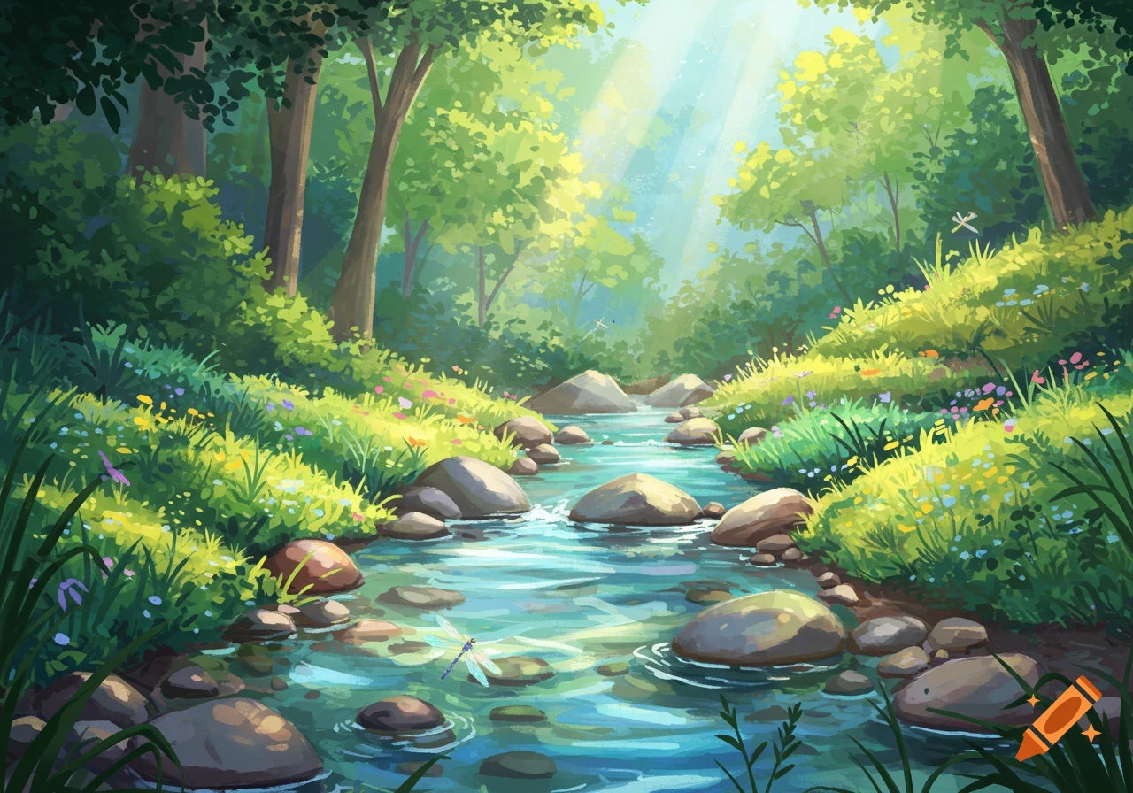 A vibrant, illustrated forest scene with a rocky stream flowing through it, bathed in sunlight, surrounded by lush green foliage and wildflowers.