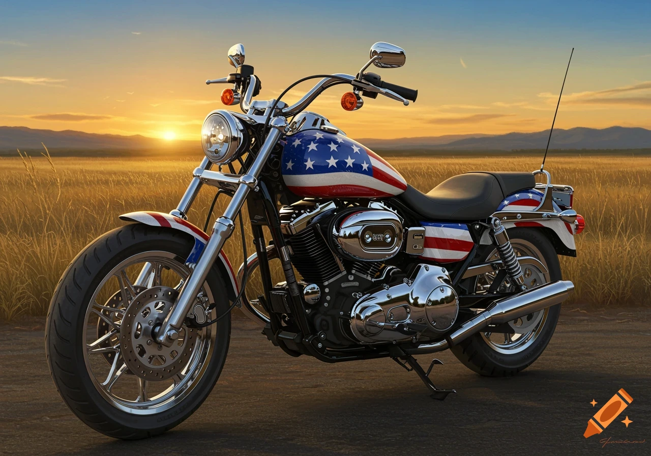 A photorealistic image of a Harley-Davidson motorcycle painted with the American flag, parked on a road in a golden field at sunset.