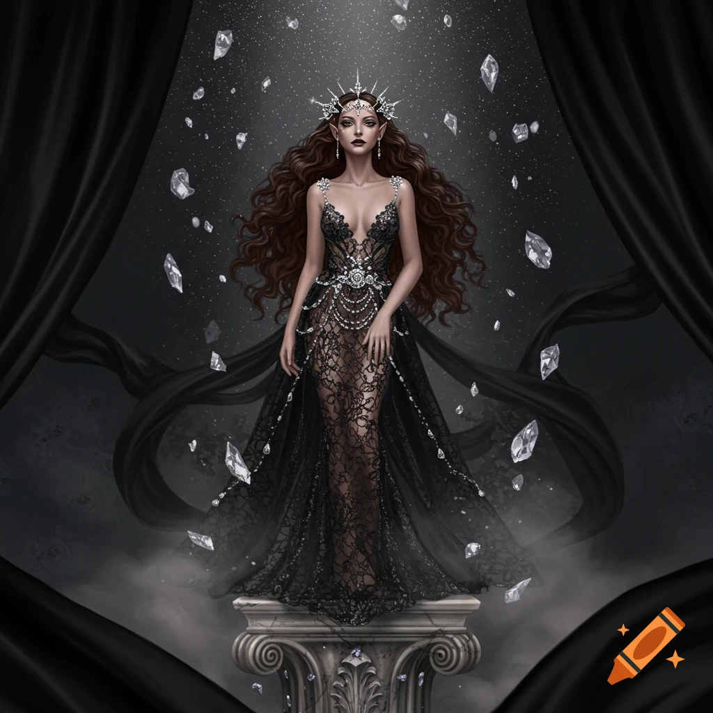 A long-haired woman in a black sheer lace and diamond gown and crown stands on a pedestal surrounded by falling diamonds.