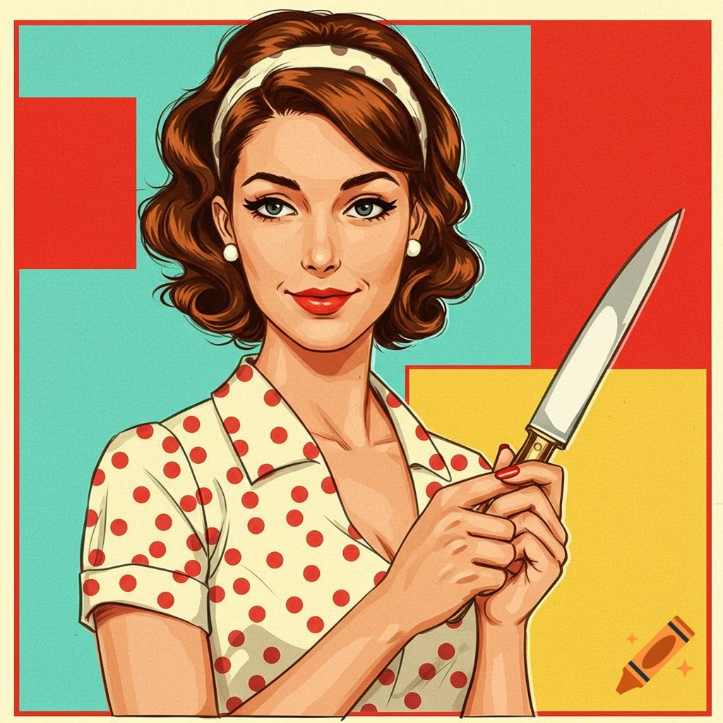 Retro pop art illustration of a smiling woman in a polka dot shirt holding a kitchen knife against a colorful geometric background.