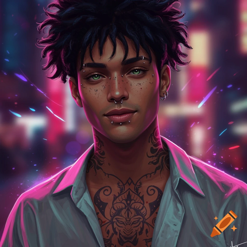 Digital art portrait of a young man with dark skin, green eyes, fluffy black hair, facial piercings, and chest tattoos.