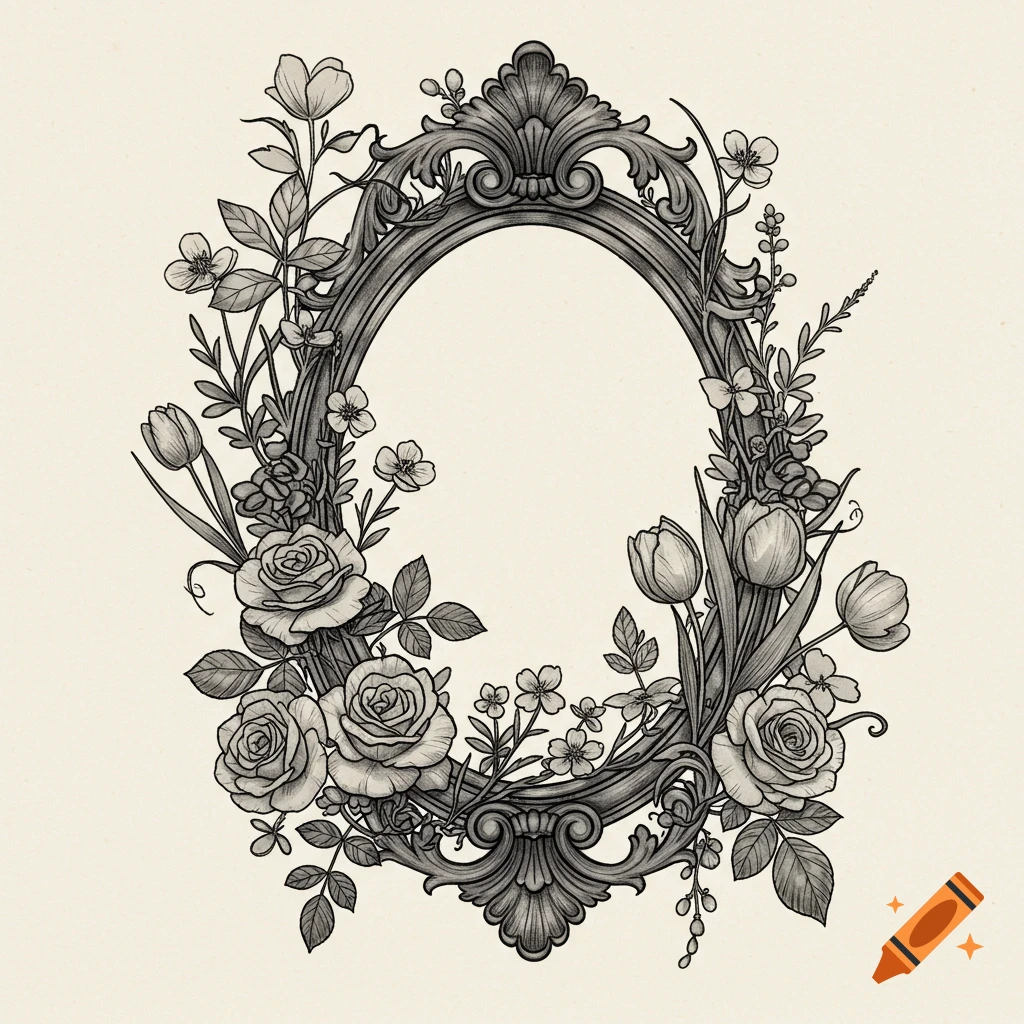 Black and white sketch of an ornate oval frame surrounded by roses, tulips, and other flowers in a vintage botanical style.