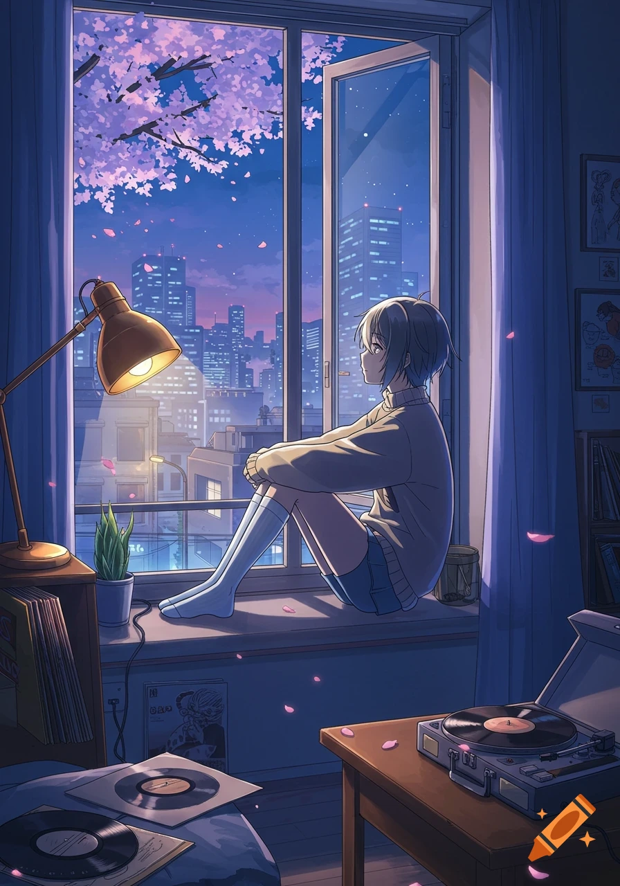 An anime girl with short gray hair sits on a window sill at night, gazing at a cityscape with cherry blossoms outside.