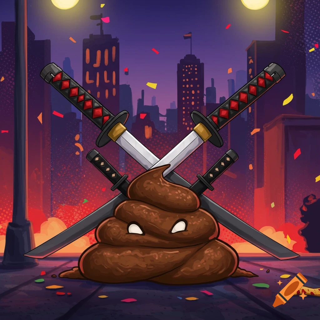 A cartoon pile of poop with eyes, wearing two crossed ninja swords on its back, stands in a city alley at night with falling confetti.