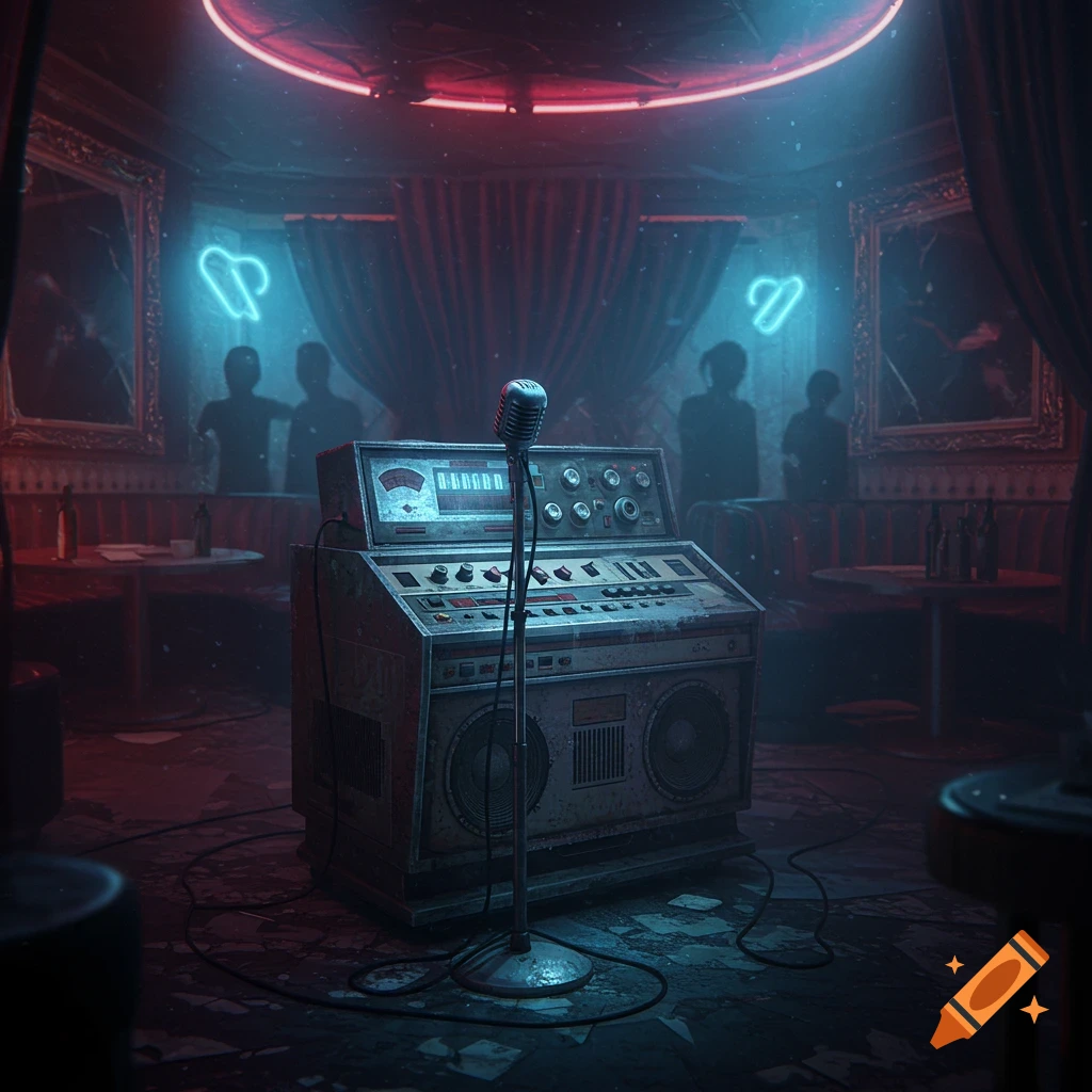 A dark, atmospheric image of a vintage karaoke machine with a microphone in a dimly lit, abandoned club. Red and blue neon lights glow in the background, illuminating empty tables and silhouetted figures.