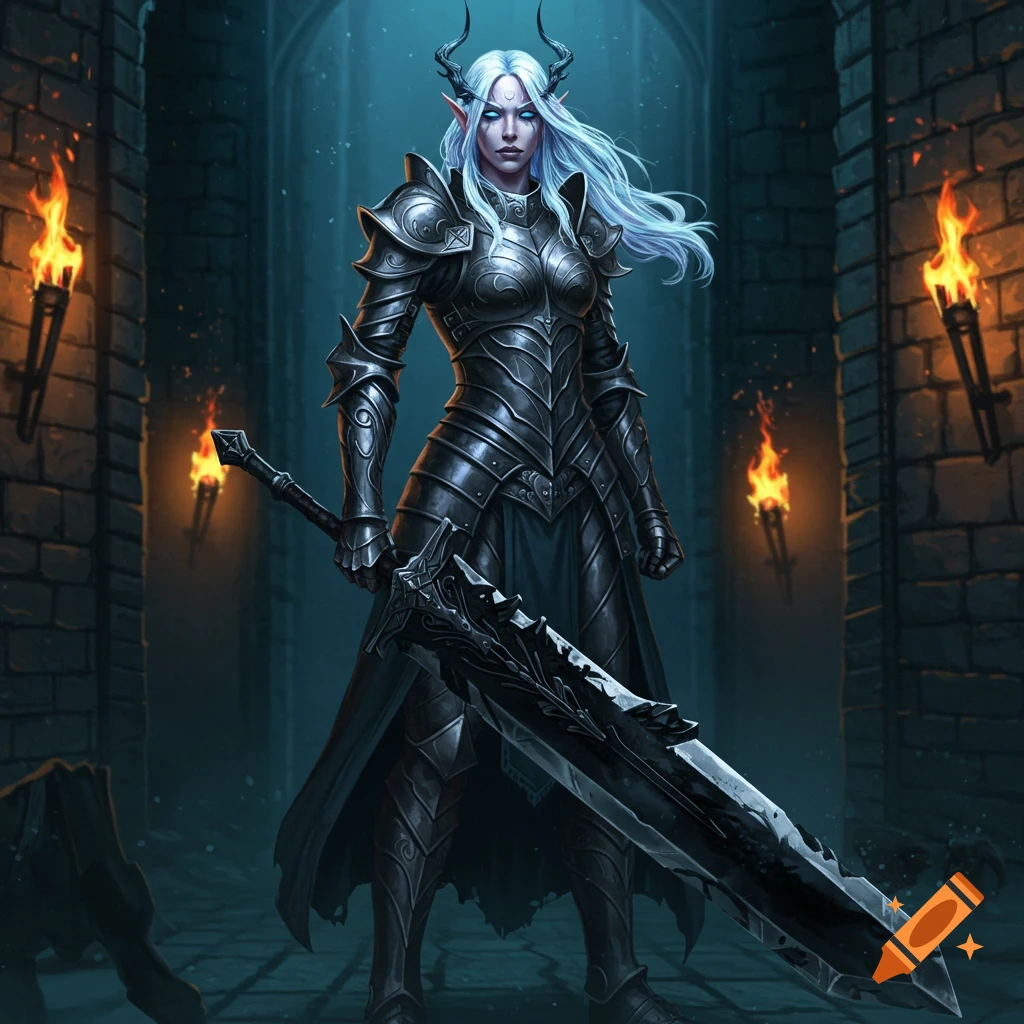 Elven warrior with pale blue hair and horns in heavy armor, holding a greatsword in a torchlit dungeon.