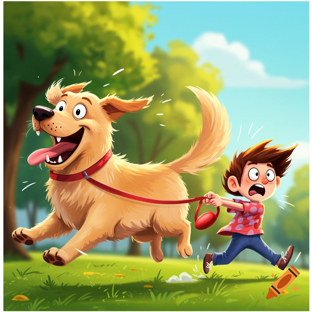 A happy cartoon golden retriever enthusiastically drags a wide-eyed boy by his leash through a green park under a blue sky.