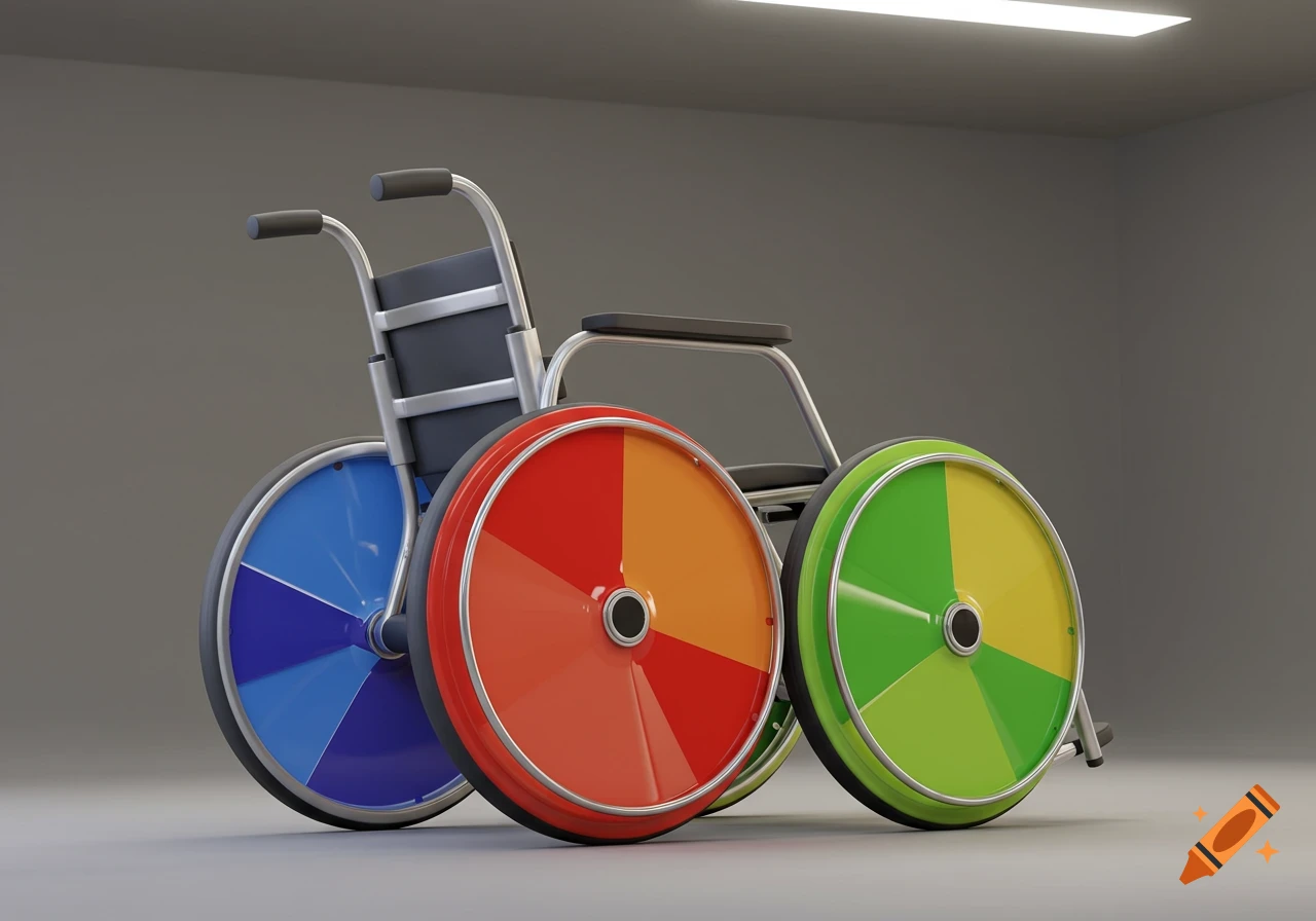 A 3D rendered wheelchair with blue, red-orange, and green-yellow segmented wheels, against a gray background.