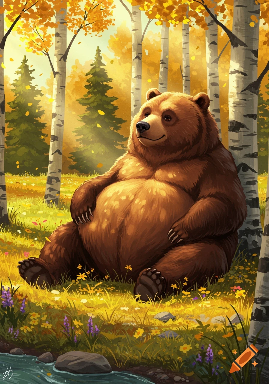 A cartoon bear with a big belly sits in a vibrant autumn forest by a stream, surrounded by colorful leaves and flowers.
