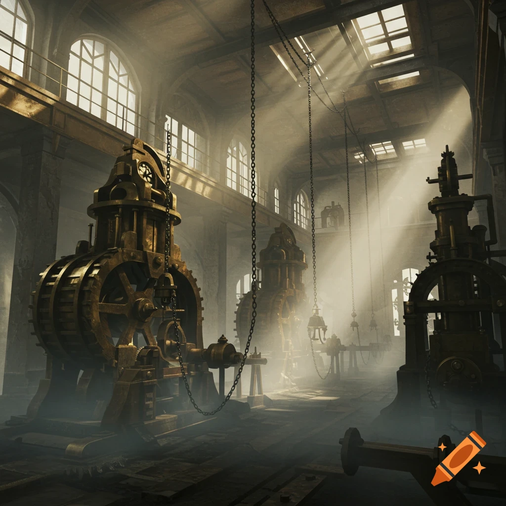 Photorealistic misty steampunk workshop with large brass clockwork mechanisms, chains, and gears, lit by dramatic light.