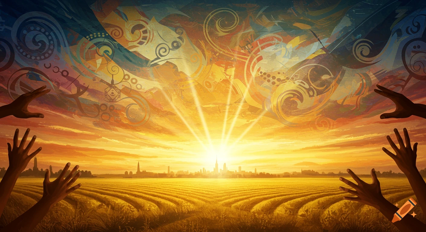 Vibrant illustration of a sunrise over a golden field and city skyline, with hands reaching towards the light and abstract patterns in the sky.