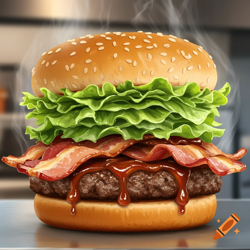 A photorealistic close-up of a steaming bacon burger with lettuce and dripping barbecue sauce on a sesame seed bun.