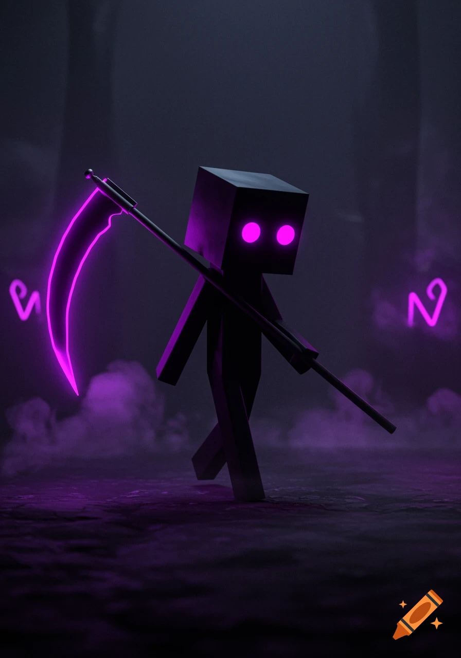A dark, blocky figure with glowing purple eyes and a scythe with a neon purple blade stands in a smoky, dim environment.