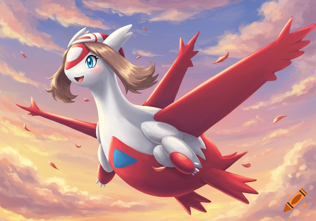 An anime-style digital painting of Latias from Pokémon, adorned with May's hairstyle and shirt, flying gracefully against a beautiful sunset sky with scattered petals.