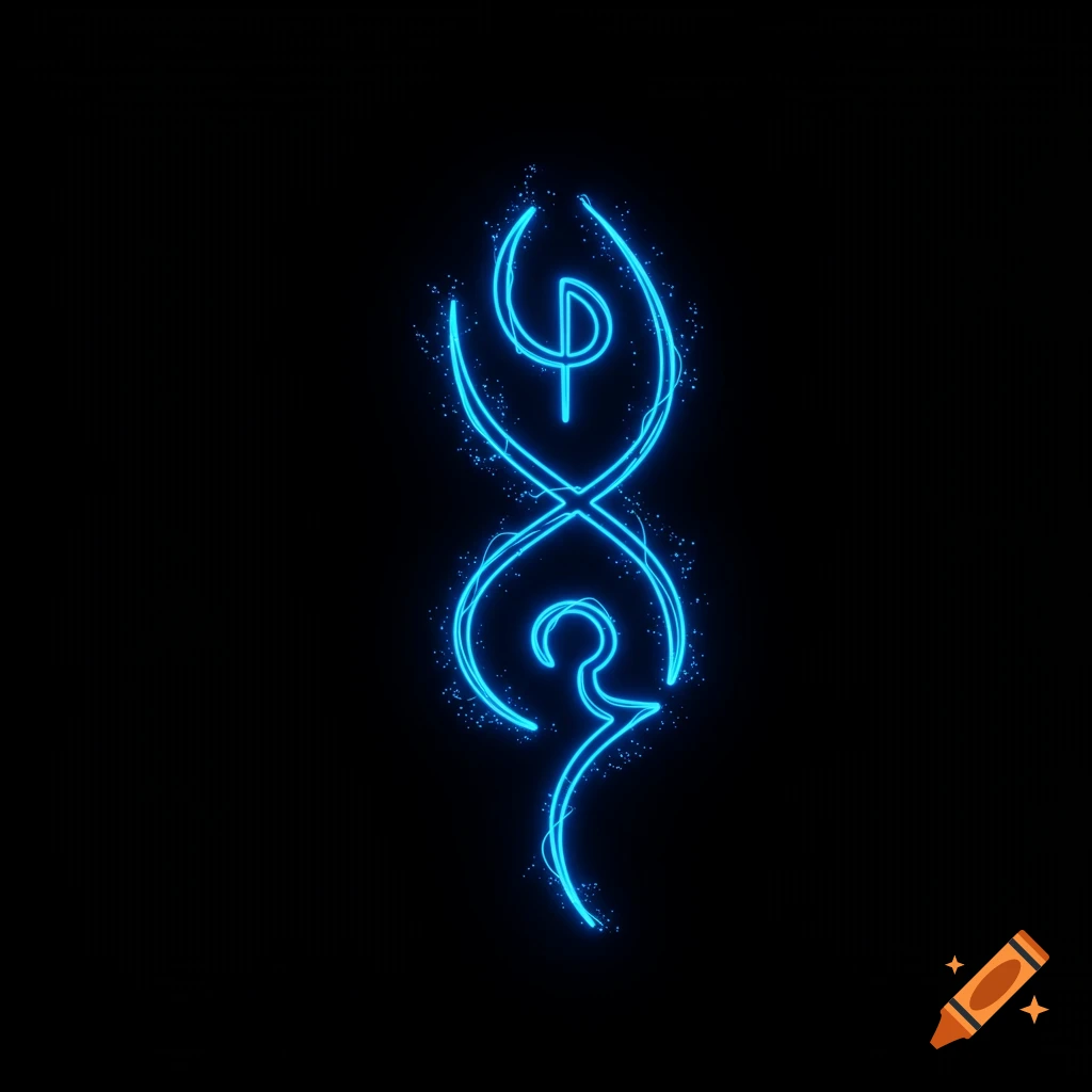 A blue glowing asymmetric abstract symbol with twisting, vining lines on a black background.