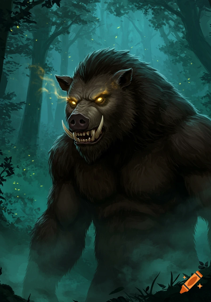 A muscular, dark boar-like creature with glowing yellow eyes and prominent tusks stands in a misty, dark forest.