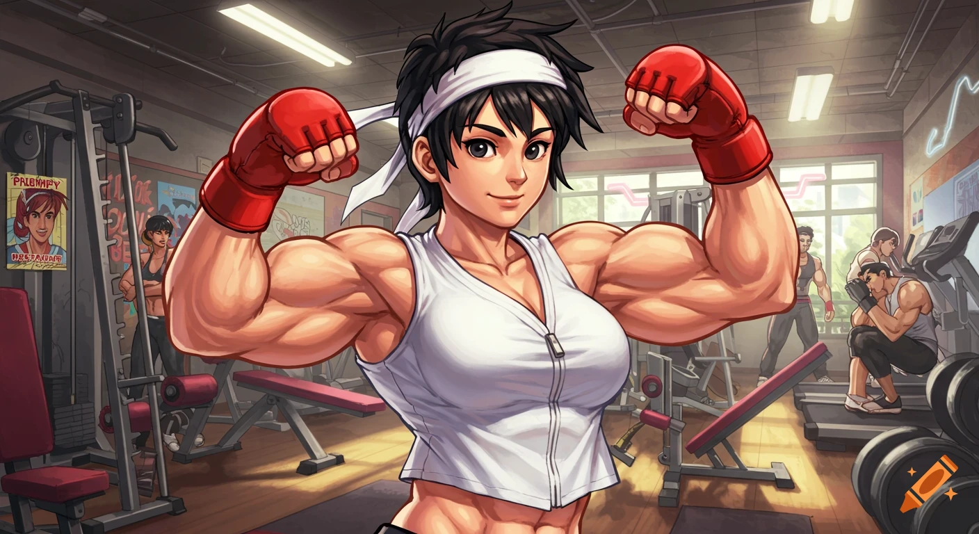 Muscular female character in a white tank top and red boxing gloves flexes her biceps in a gym, anime style.