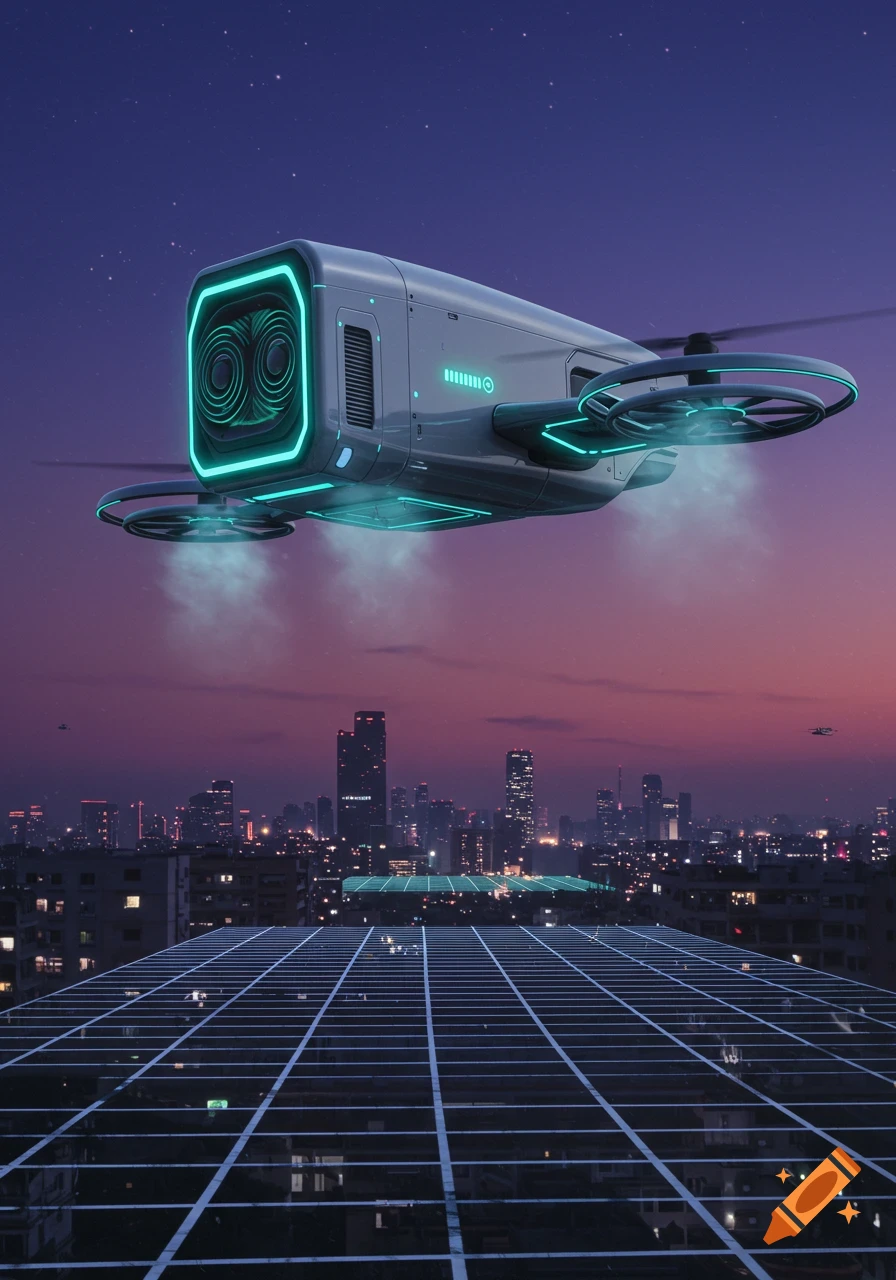 A futuristic white drone with glowing teal lights flies over a cityscape at dusk, above a gridded rooftop.