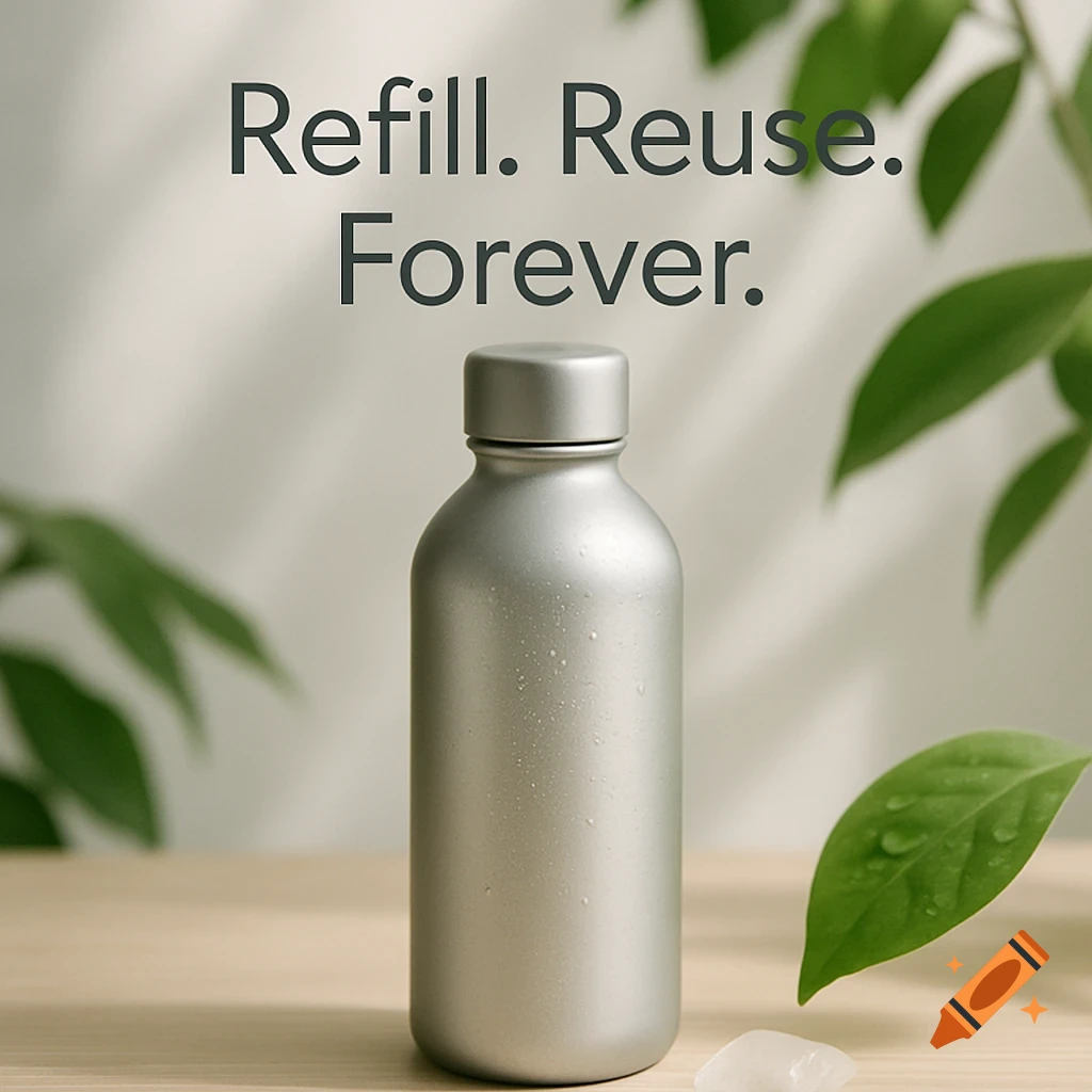 A silver reusable bottle with water droplets on a wooden surface, green leaves in the background. Text reads 'Refill. Reuse. Forever.'