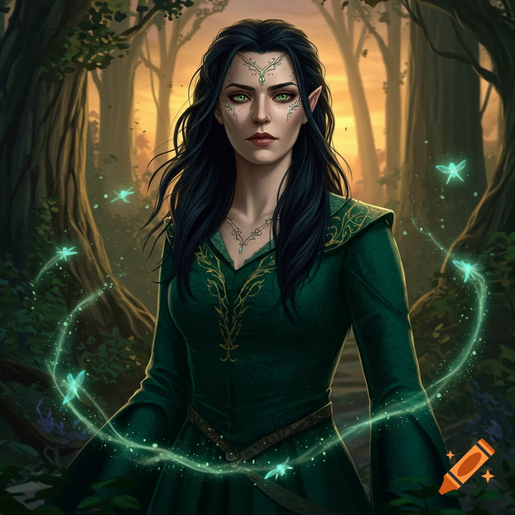 A fantasy woman with dark hair and green eyes, wearing a green dress, stands in a forest surrounded by glowing green lights.