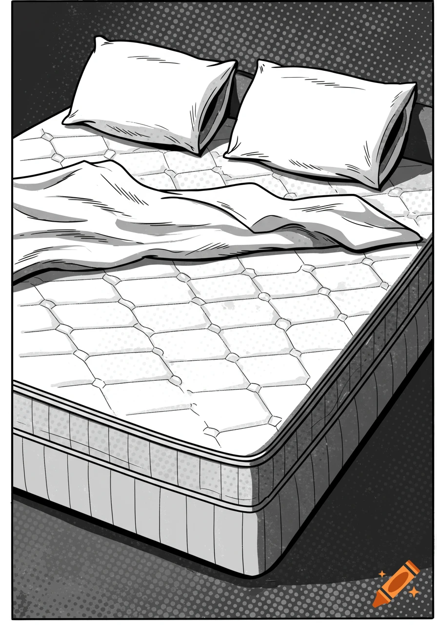 A bed mattress with two white pillows and neatly folded white sheets in a black and white comic book style.