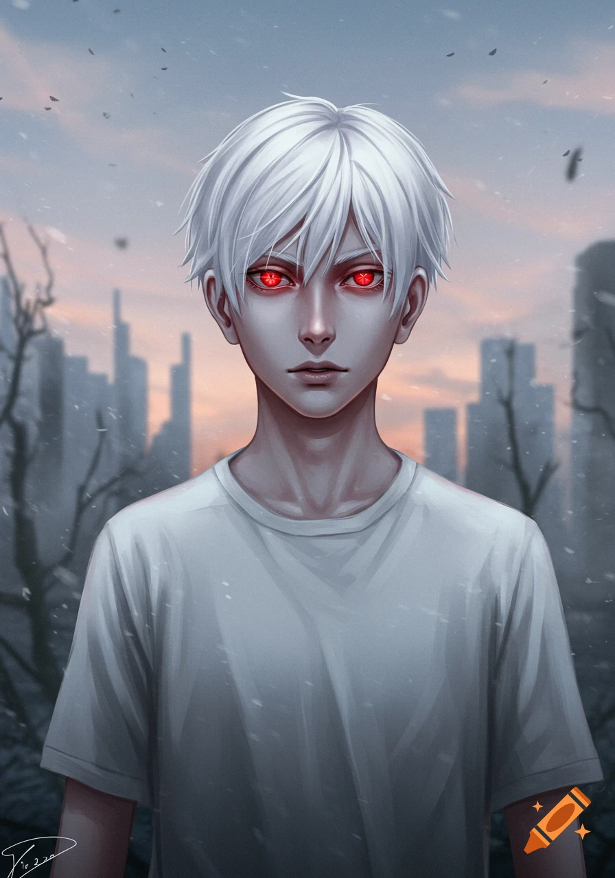 A young man with white hair and glowing red eyes stands in a desolate city landscape, in an anime art style.