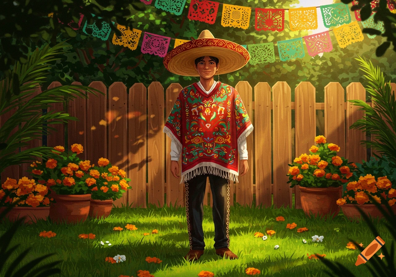 A person in a sombrero and red poncho stands in a sunny backyard with marigolds and colorful banners, illustrated.