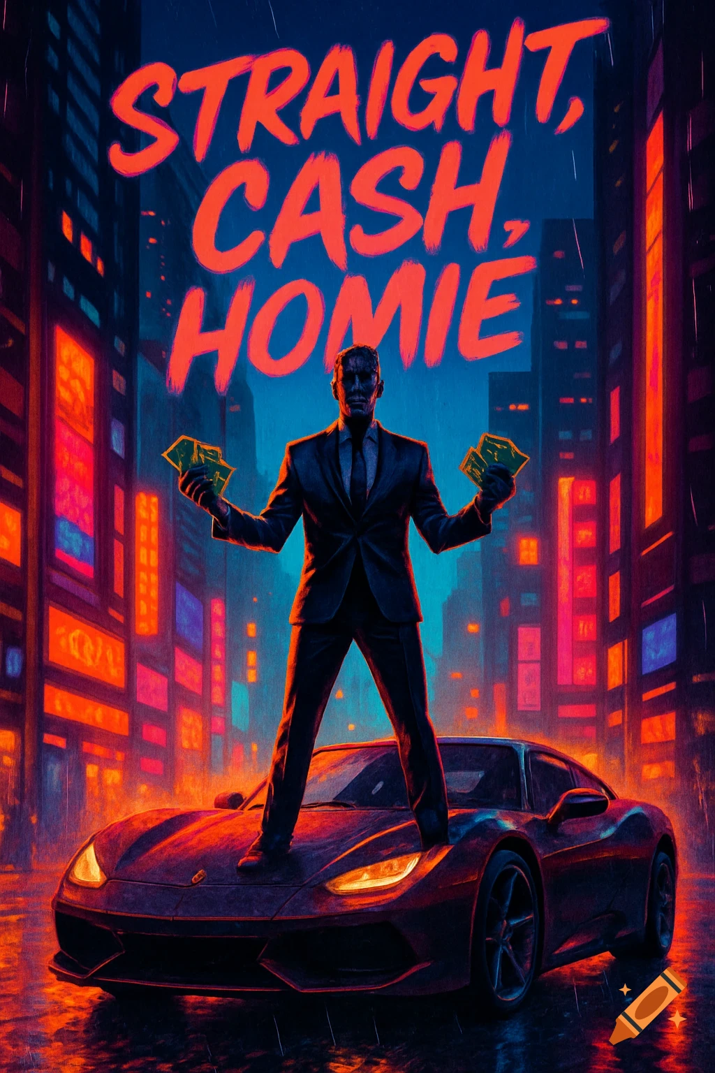 A man in a suit stands on a red sports car holding wads of cash in a vibrant neon city at night.