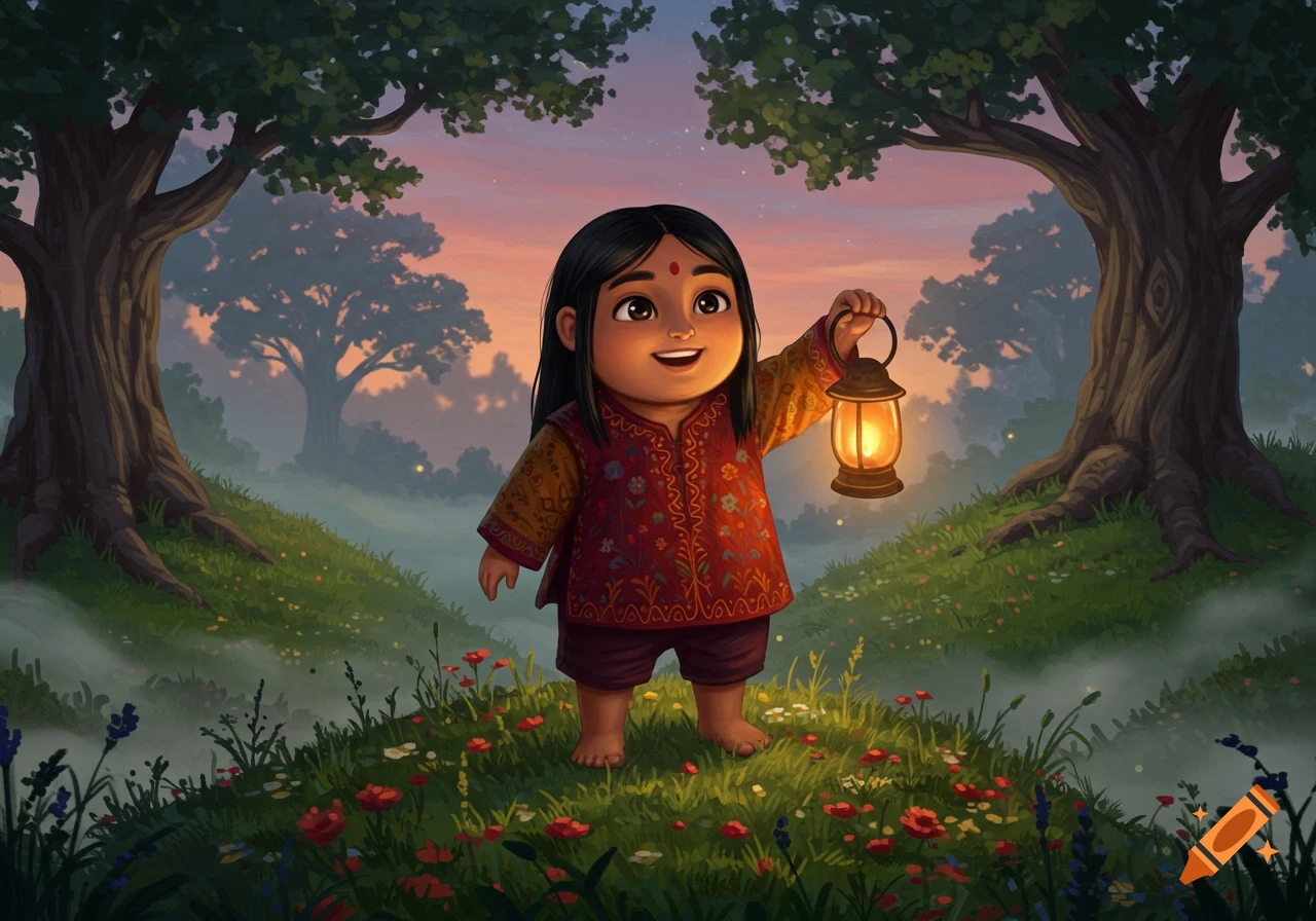 A cheerful South Asian child with long dark hair, wearing a patterned tunic, stands barefoot in a mystical, foggy forest at dusk, holding a glowing lantern.