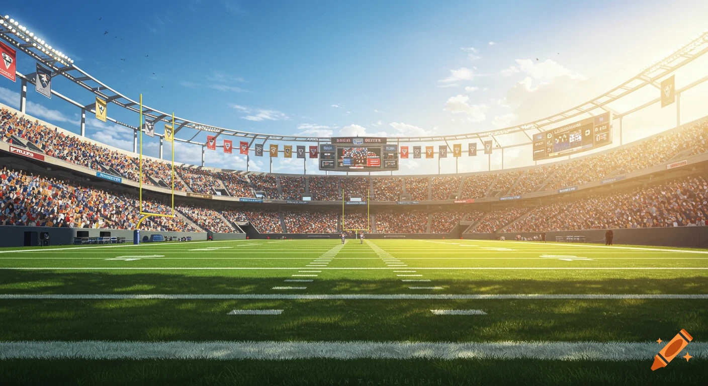 A photorealistic view of an American football stadium from the end zone, looking towards the opposite end zone, with crowds in the stands under a bright sky.