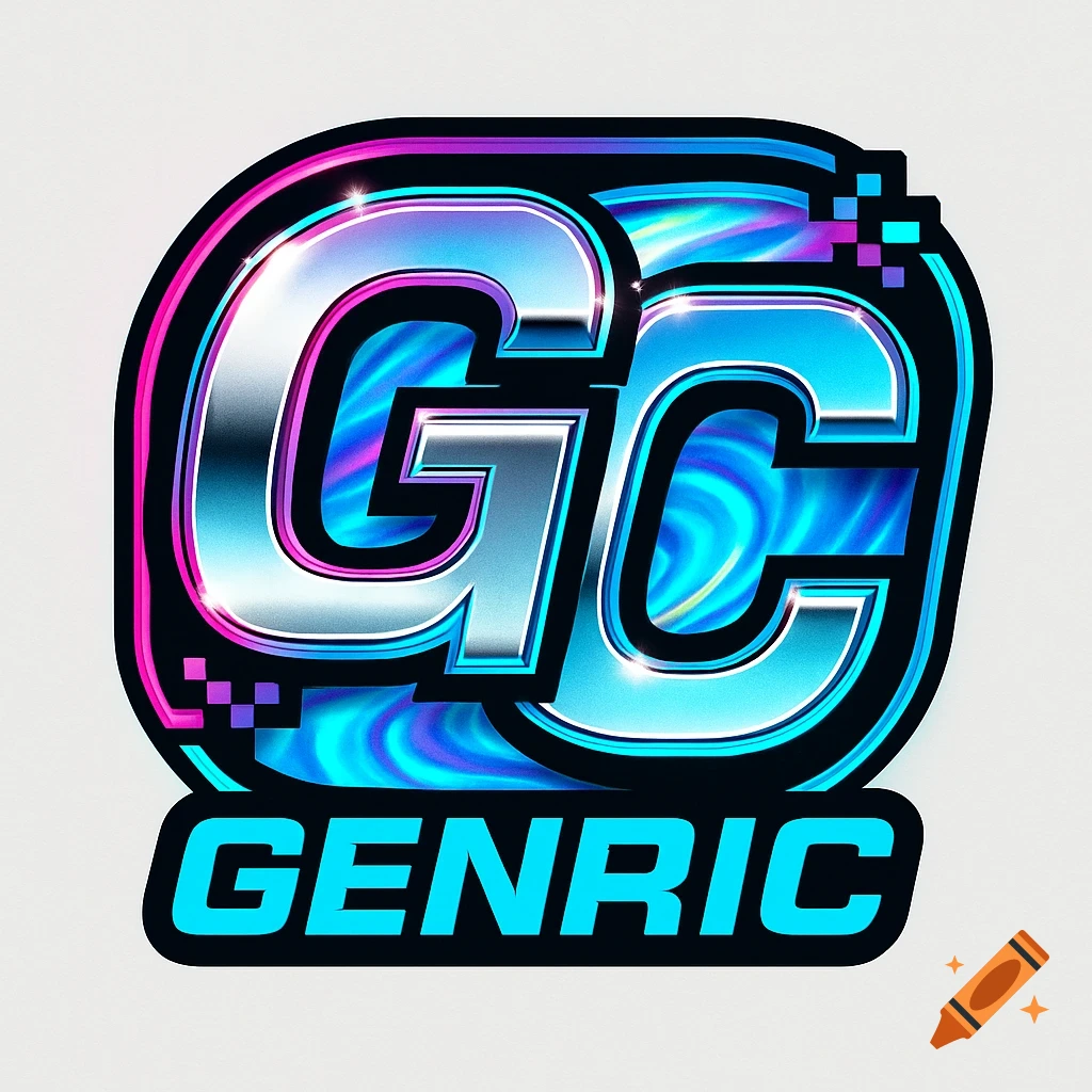 A Y2K-style logo featuring shiny metallic letters "GC" above the word "GENRIC" in a bright blue font, with a colorful holographic and pixelated background.