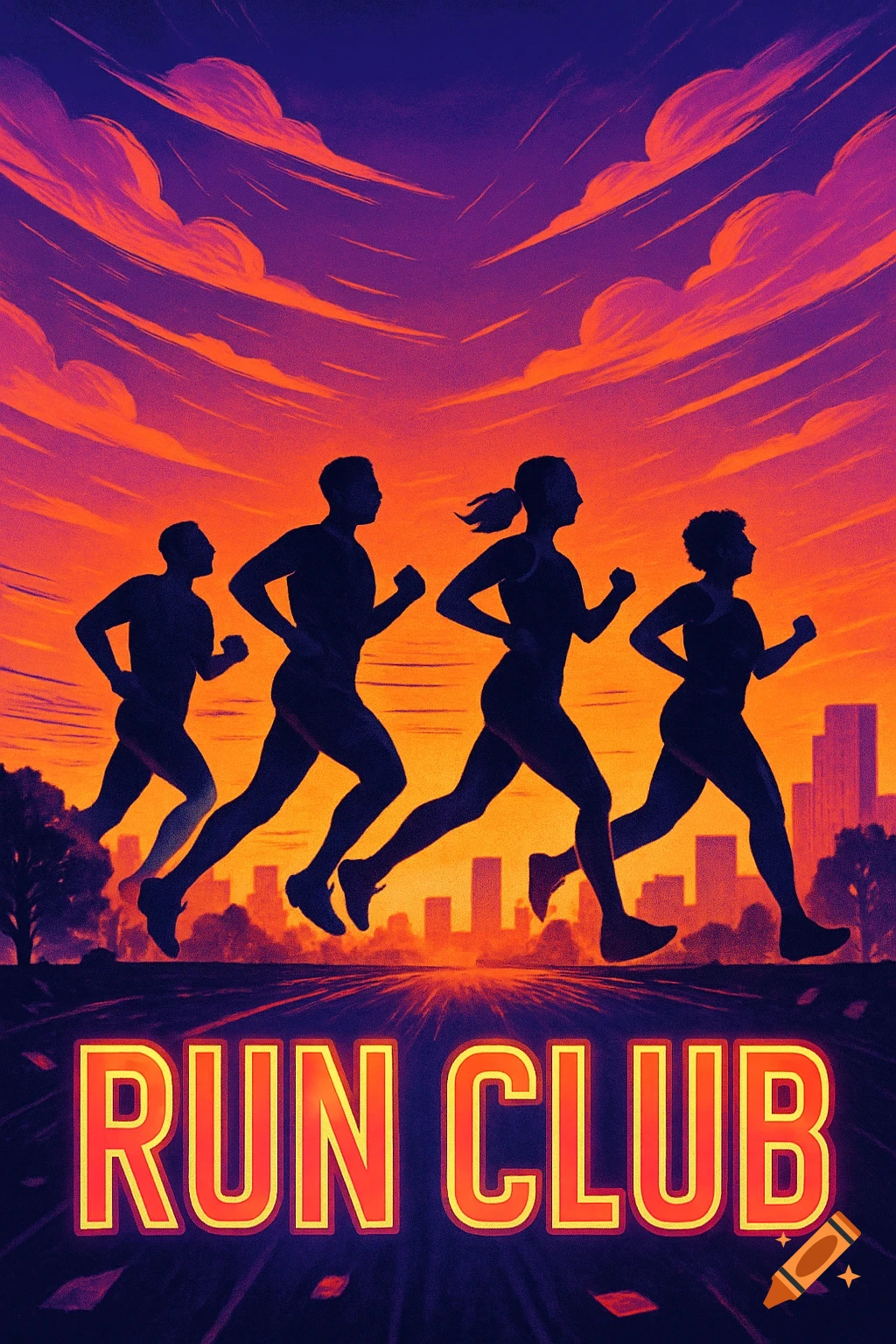 Silhouettes of four runners against a vibrant orange and purple sunset sky with a city skyline. Text reads 'RUN CLUB'.