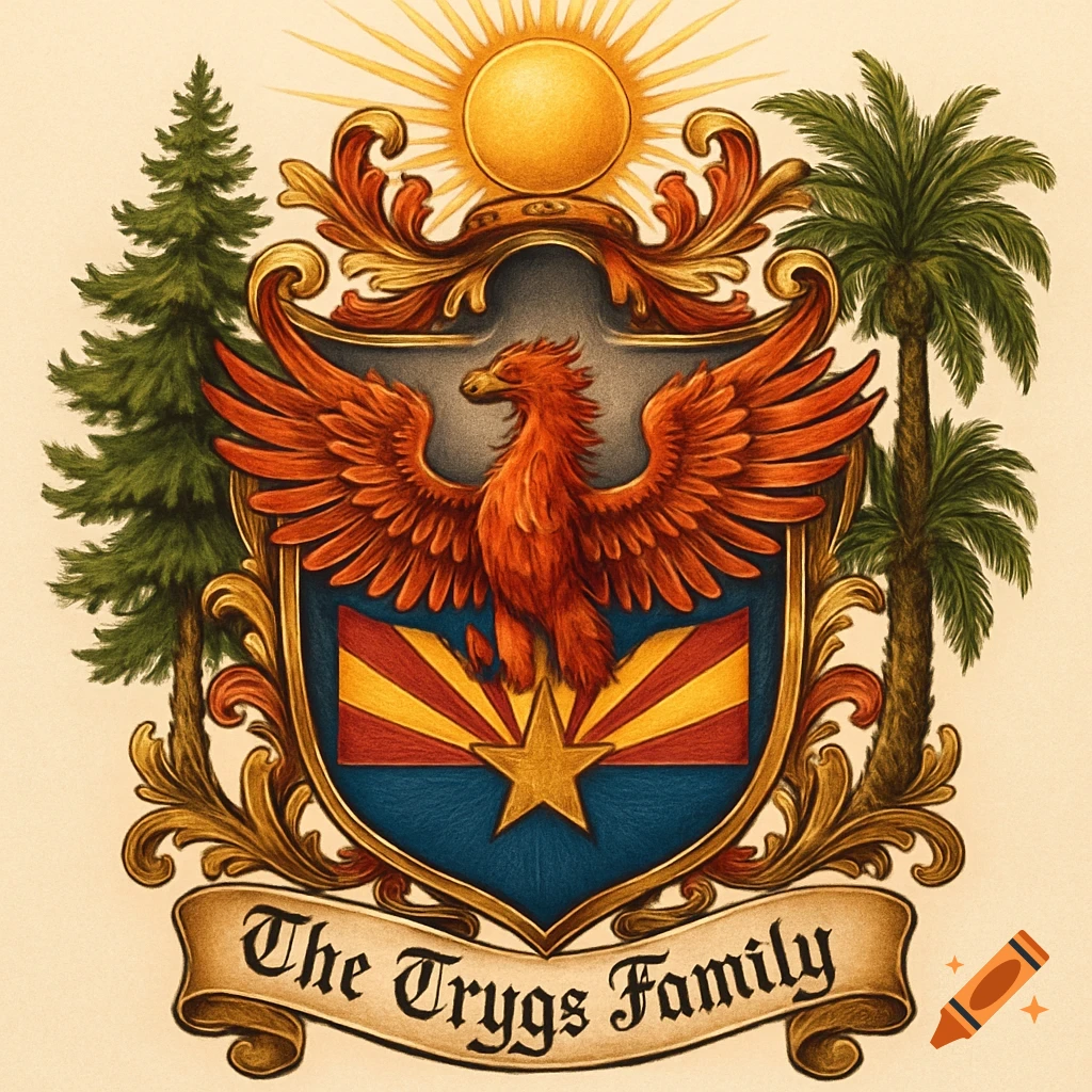A detailed family crest illustration with a red phoenix over an Arizona flag, pine and palm trees, a sun, and a banner reading 'The Trygs Family'.