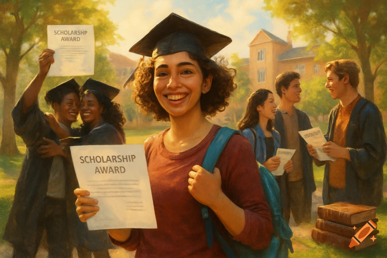 A smiling student in a graduation cap holds a scholarship award, while other happy students celebrate on a sunny campus.