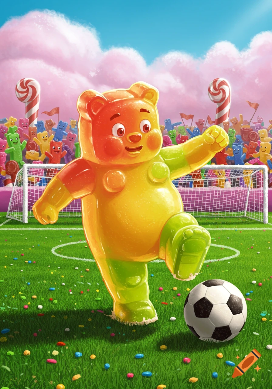 A giant orange and green gummy bear about to kick a soccer ball on a green field surrounded by smaller gummy bears and candy structures under a blue sky.