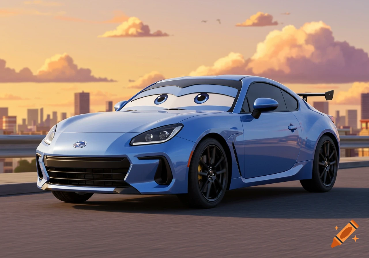 A light-blue 2024 Subaru BRZ, stylized like a Pixar car with eyes on the windshield, drives on a road at sunset.