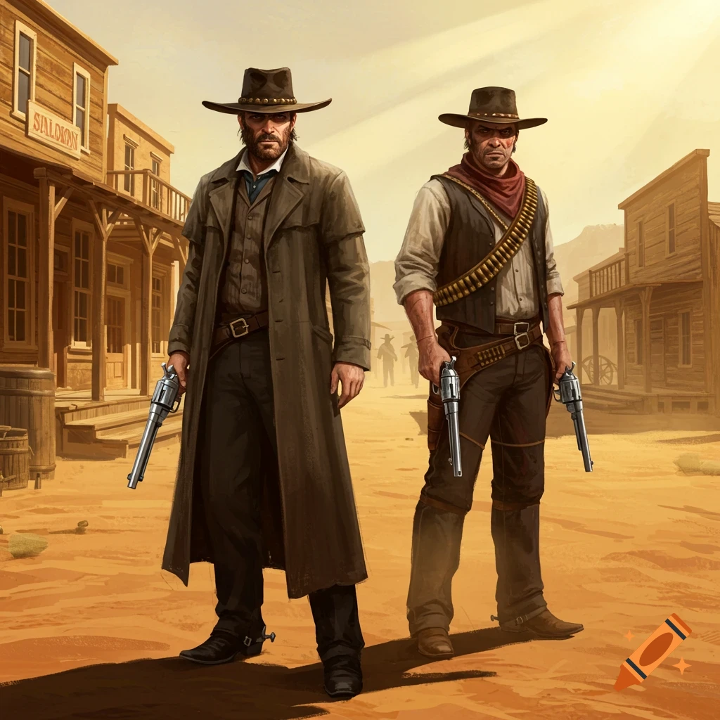 Two stoic gunslingers in cowboy attire stand in a dusty Wild West town, holding revolvers, bathed in warm light.