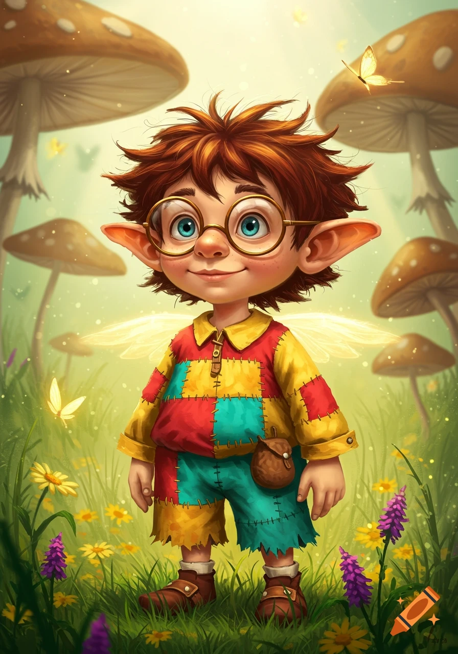 A whimsical illustration of a smiling halfling child with messy brown hair and round glasses, wearing a colorful patchwork outfit, standing in a field of wildflowers under giant mushrooms.